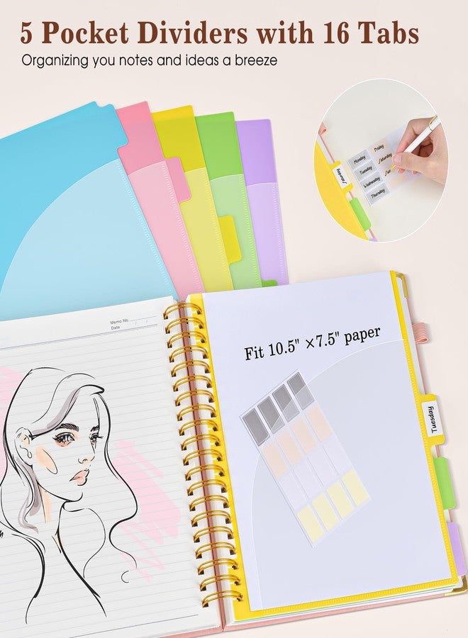 dilitego Hardcover Large Spiral Notebook 8.5" x 11" with Removable Dividers Tabs, 300 pages Leather 5 Subject Notebook College Ruled, A4 Journal for Women Men, Notebooks for Work School Note taking, Pink - Image 4